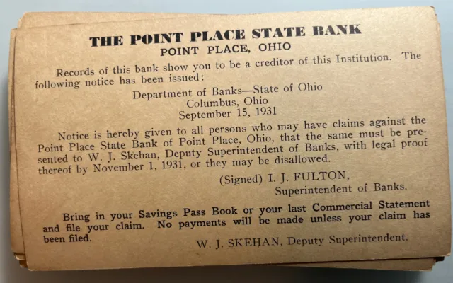 1931 Notice Cards From The Point Place Bank, Ohio 61 Cards