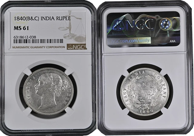 EIC Victoria Queen 1840 AD (B&C) DL 28 Berry Silver Rupee NGC Graded MS 61