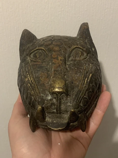Ancienne masque tête de léopard bronze africain Benin Nigeria