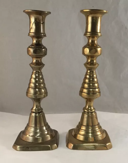 Antique Pair Of English 19Th Century Brass Push-Up Candlesticks Beehive Column