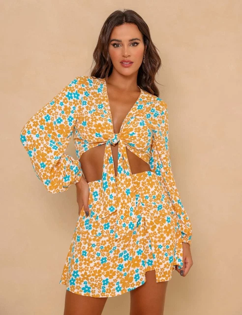 Completo Donna Set Gonna Corta Top Giallo T-Shirt Incrocio Fiori 54831