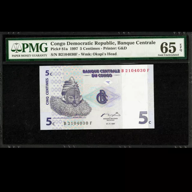 Congo Democratic Republic 5 Centimes 1997 PMG HIGH GRADE 65 GEM UNC EPQ P-81a