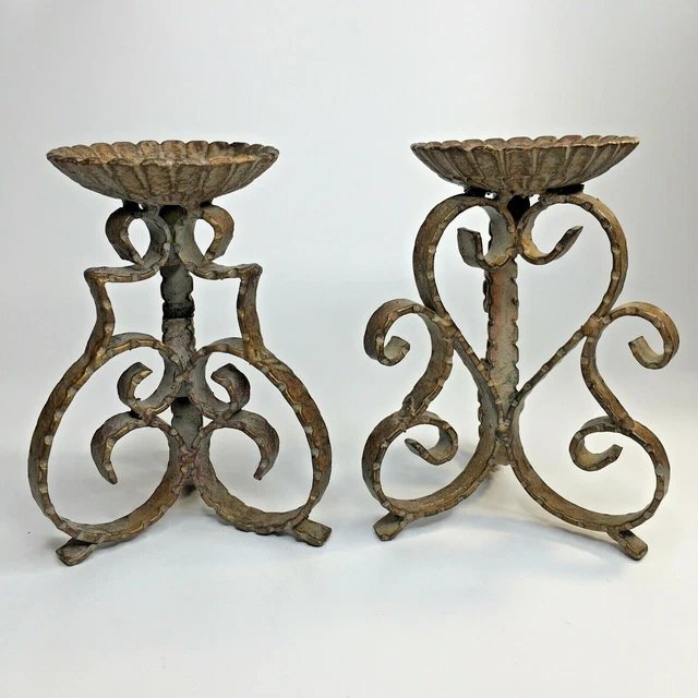 2 PILLAR CANDLE Holder Architectural Scroll Brutalist Style Heavy Metal