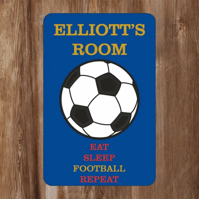 Blue, Eat Sleep Football Repeat Kids Bedroom Door Sign Personalised