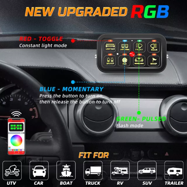 8 Gang RGB Switch Panel w/ bluetooth Controller for Off Road Lights Bar 12V-24V 2