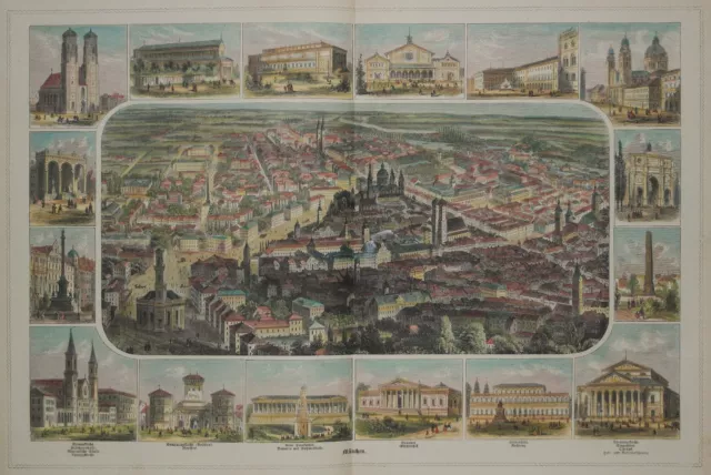 München - Seltenes Souvenirblatt mit 16 Ansichten - 1880 - Munich