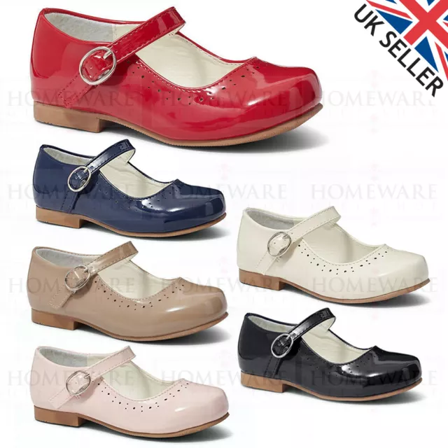 Girls Mary Jane Shoes Spanish Style Patent Flat Red Ivory Navy White Camel Pink