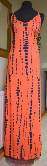 Orange Navy Tie Dye Print Strappy Sleeveless Maxi Dress 14 Bnwot