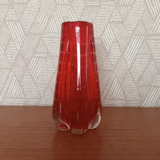 Whitefriars Pattern 9777 Ruby Red  Lobed Cased Controlled Bubble Glass Vase 1972