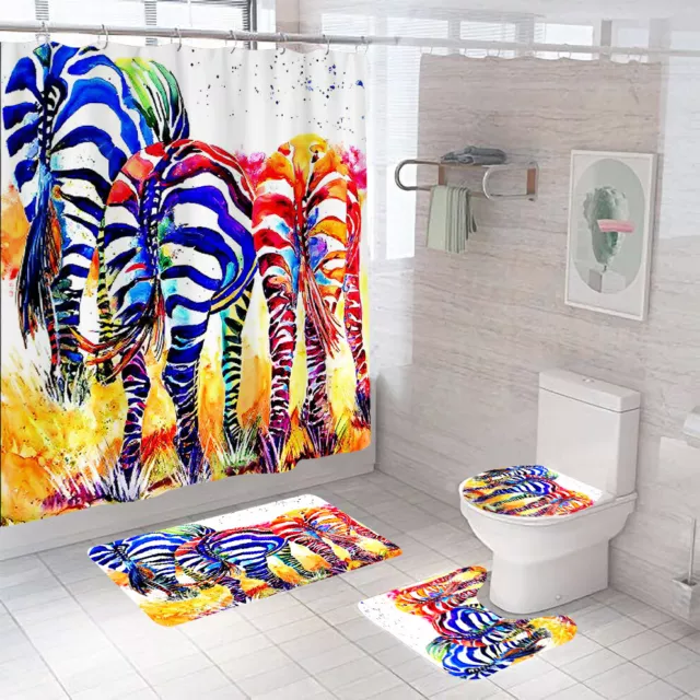 Zebra Bathroom Rug Set Shower Curtain Thick Non Slip Toilet Lid Cover Bath Mat