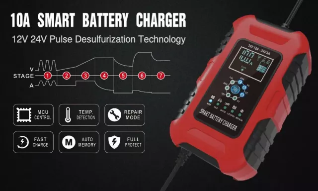 Chargeur P10 de Batterie Intelligent 12V 10A et 24V 5A - PL voiture moto scooter