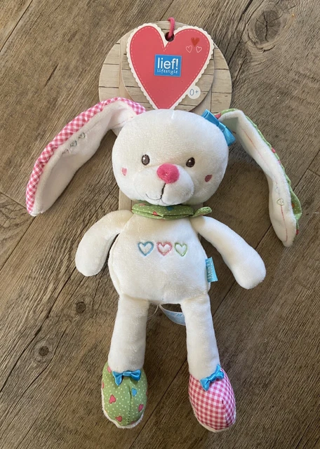 Doudou Peluche Lapin Blanc Vert Rose Vichy Bandana Cœur Brodée Lief! Neuf