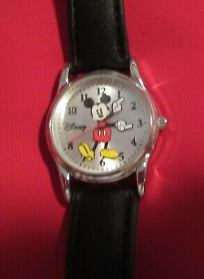 Disney Classic Mickey Mouse Watch Silver W/ Brown Leather Band & Collectible Tin