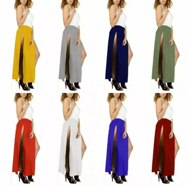 Ladies Plain Double Split High Waist Side Slit Basic Summer Long Maxi Skirt 8-26