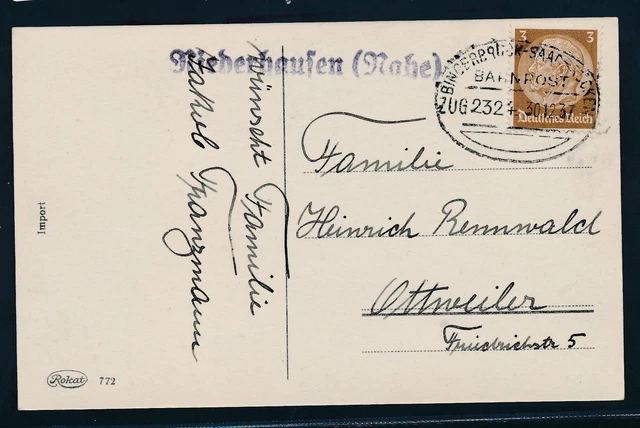 23139) Landpost L1 Niederhausen (Nahe) + BP BINGERBRÜCK - SAARBRÜCKEN 1937