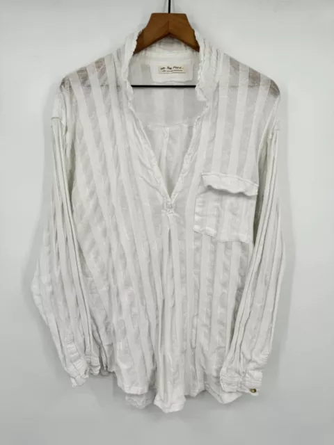 Free People Headed to the Highlands Low Cut Blouse Striped Gauze Shirt Sz Large