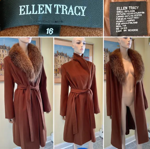 ELLEN TRACY Size 16/XL Brown Wool & Genuine Blue Fox Fur Collar Belted Long Coat