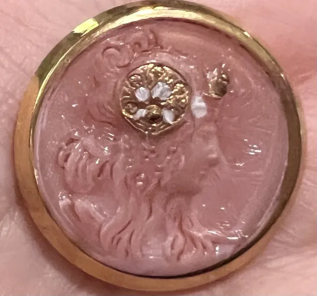 Antique Vintage Art Nouveau Pink Glass Button Lady Profile Gold Luster