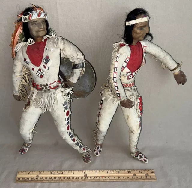 Antique Native American Indian Pair Beaded Buckskin Leather Dolls Kiowa Warriors