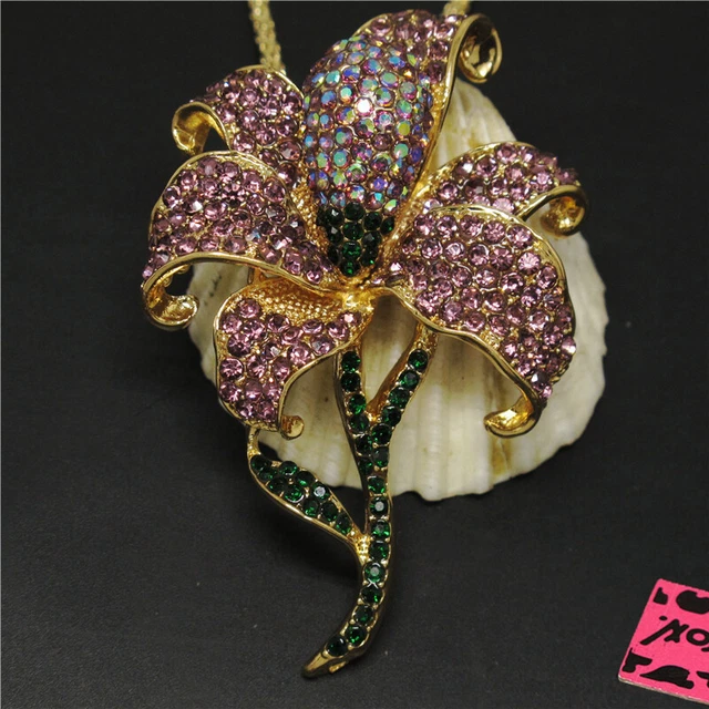 New Betsey Johnson Purple Bling Flower Rhinestone Crystal Pendant Chain Necklace