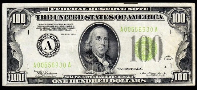 1934 Boston $100 LGS (Lime Green Seal) Federal Reserve Note VF