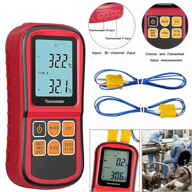 LCD Dual Two 2 K-Type Digital Channel Thermometer Thermocouple Sensor Meter Tool