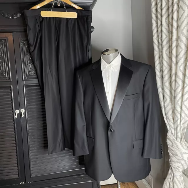 Jos. A. Bank Solid Black 1 Button Wool Formal Tuxedo Suit Size 46R Pant 40x30