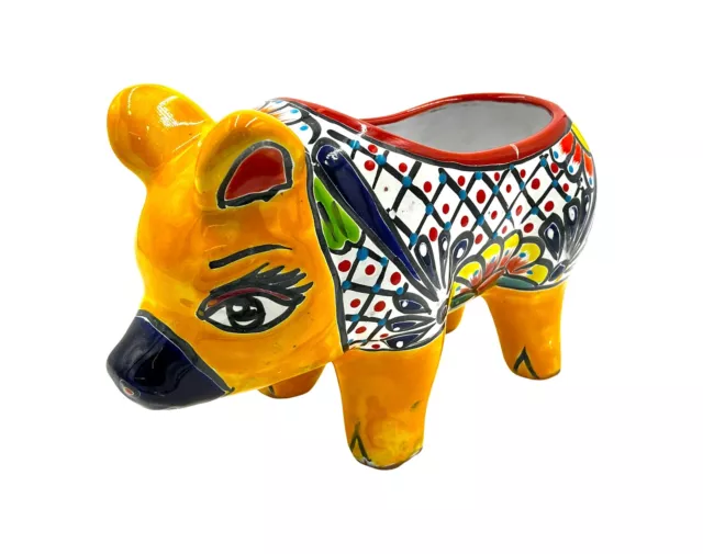 Mexican Talavera Piggy Planter Pot Hand Painted - Yellow Trim