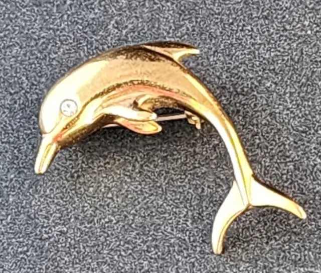 Vintage “Krementz” Dolphin Costume Brooch…Gold Diamond Tasteful And Nice