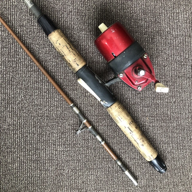 Vtg RARE True Temper Uni-Spin Rod & Reel Combo. 6’6” Fiberglass 2 Pc Cork Handle