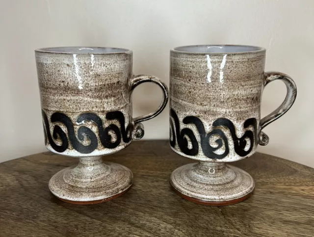 2 Briglin Studio Art Pottery Footed Handled Cups Mugs Goblets Brown Wavy Design