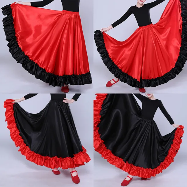 Girls Swing Modern Dance Skirt Ballroom Belly Red Black Outfit Silky Carnival