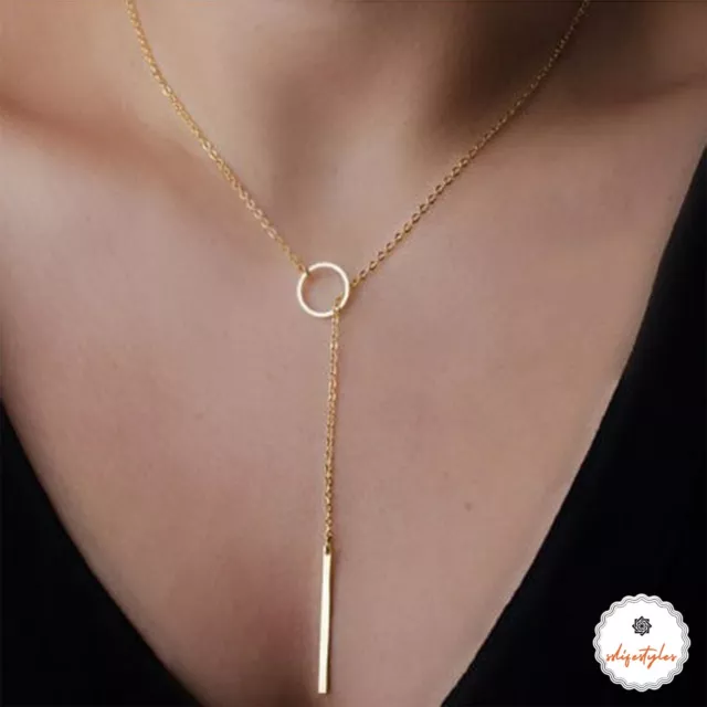 Women necklace GOLD pendant Silver plated loop delicate bar Chain Jewellery