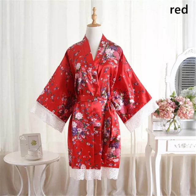 Ladies Japanese Kimono Short Bathrobe Night-robe Nightgown Faux Silk Lace Home