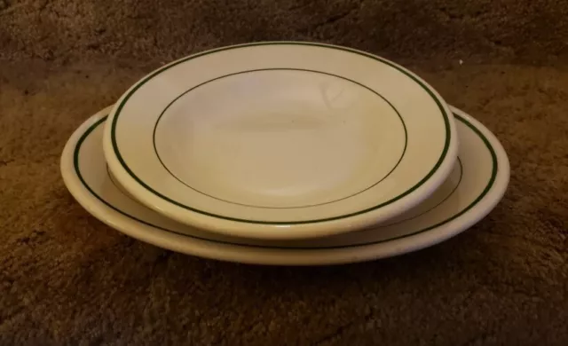 Vintage Buffalo China restaurant Ware Green Stripe Oval Platter & Flat Soup Bowl