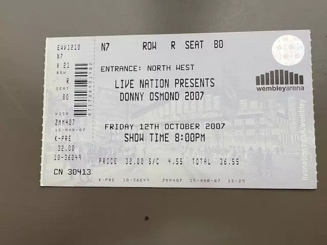 Donny Osmond  Wembley  12/10/2007 Old Ticket Unused Block N7