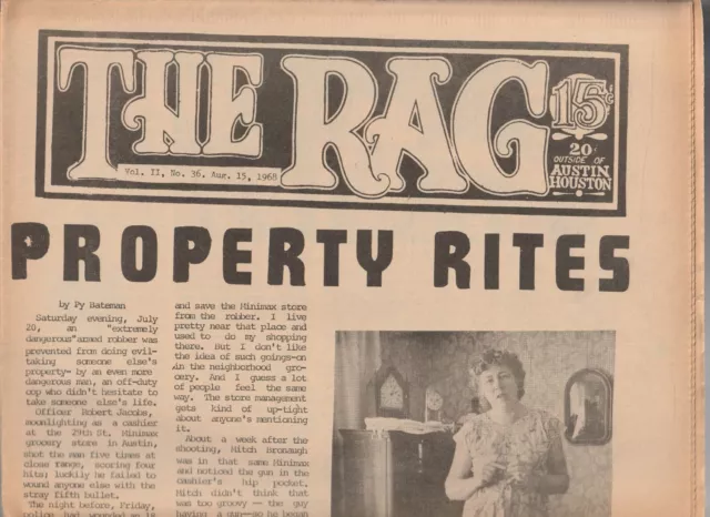 Underground Newspaper , THE RAG , AUSTIN TEXAS ,Social History ,AUG 15 , 1968