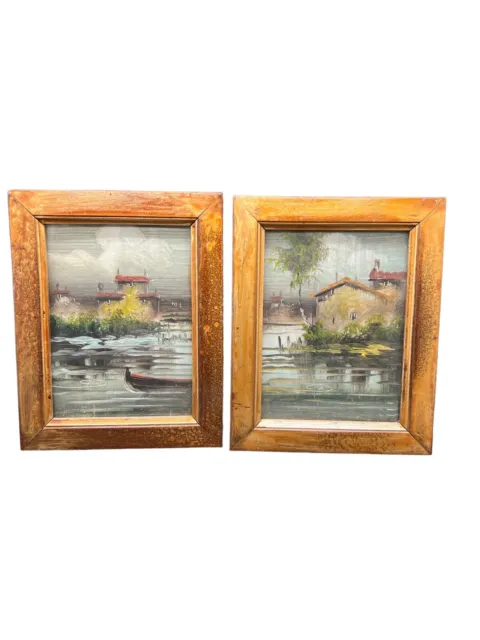 VTG Pair MINIATURE LITHOGRAPH ? OIL PAINTINGS ? on BOARD - Artist Signed