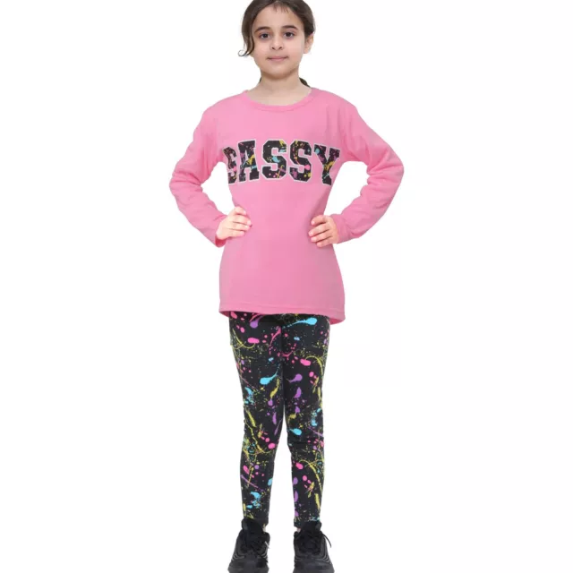 Kids Girls Long Sleeves Baby Pink Sassy Print Splash T Shirt Legging Outfit Set