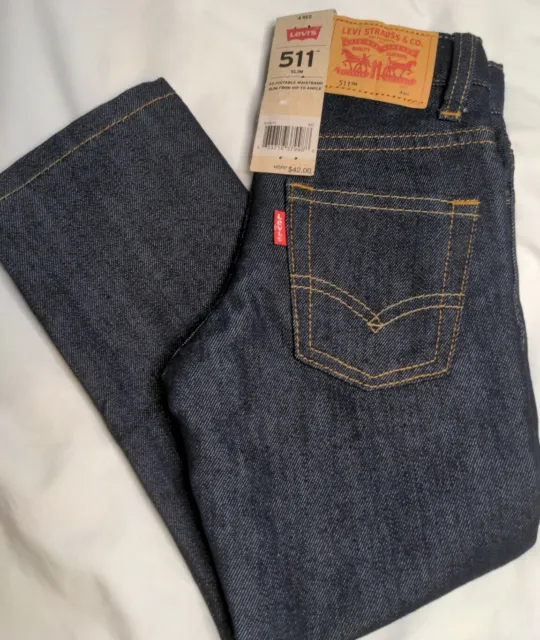 Levi’s Boys 511 Slim Fit Jeans Size 4 Reg Denim Dark Blue Adjustable Waist NEW