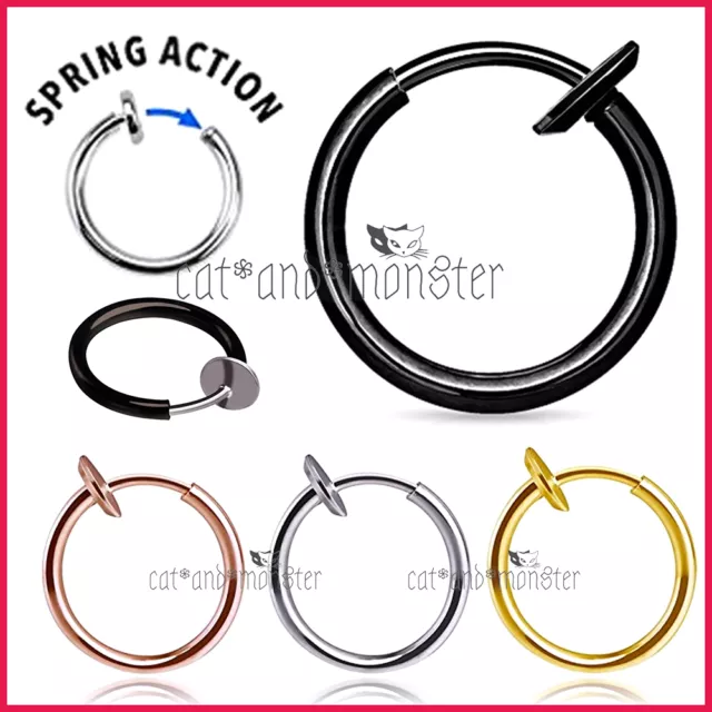 8 - 18mm Fake Piercing Hoop Ring Spring Clip On Lip Nose Septum Ear Earrings 1PC