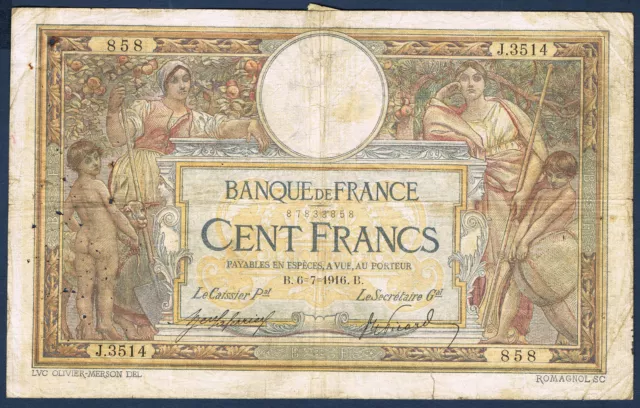 FRANCE - 100 FRANCS L.O MERSON Fay n° 23.8 du 6=7=1916.B en TB J.3514 858