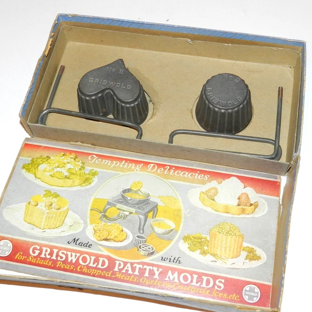 VINTAGE GRISWOLD CAST Iron Patty Molds Original Box with Handles No. 2