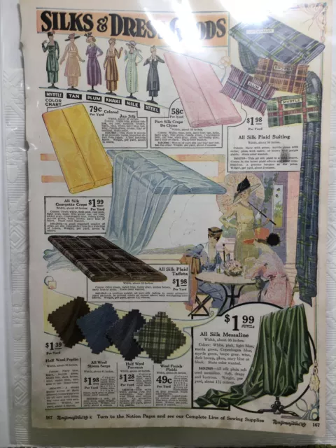 1918 Antique Montgomery Ward Catalog Page Fabric Silks Dress Color Page