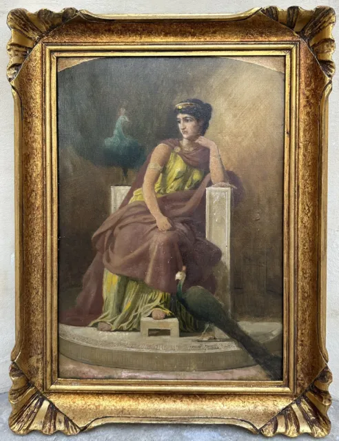 Tableau Ancien Portrait de Femme aux Paons Peinture Mythologique Antiquité Signé