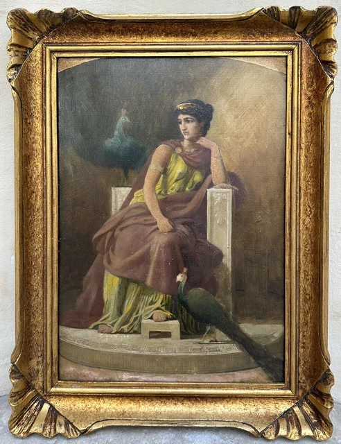Tableau Ancien Portrait de Femme aux Paons Peinture Mythologique Antiquité Signé