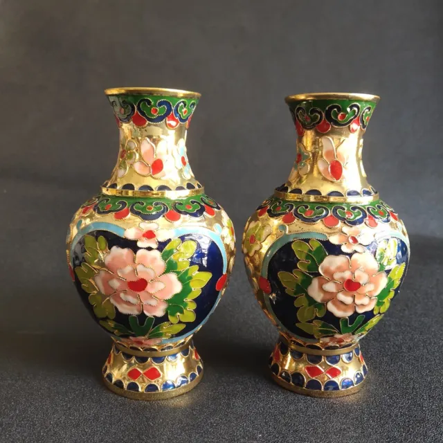 Pair Rare Chinese cloisonne copper handmade carven flower bottle pot vase
