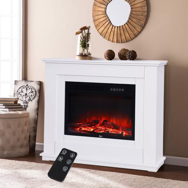 Floor Electric LED Fireplace Wooden Mantel Fake Log Bunner Heater Timer Remote