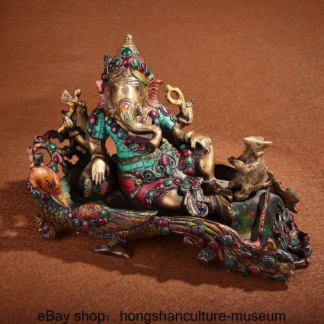 10.4 " Old Tibet Copper inlay Gem Ganesh Lord Ganesha Elephant God Buddha Statue