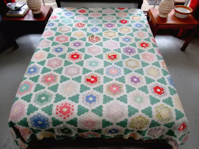 FOR MATERIAL Damaged Feed Sack Lots of Fussy Cuts FLOWER GARDEN Quilt; 87" x 80"